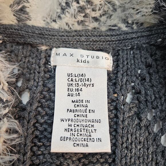 Max Studio Kids Long Cardigan Vest Gray and Cream Crochet Faux Fur Large 14 - Picture 5 of 9